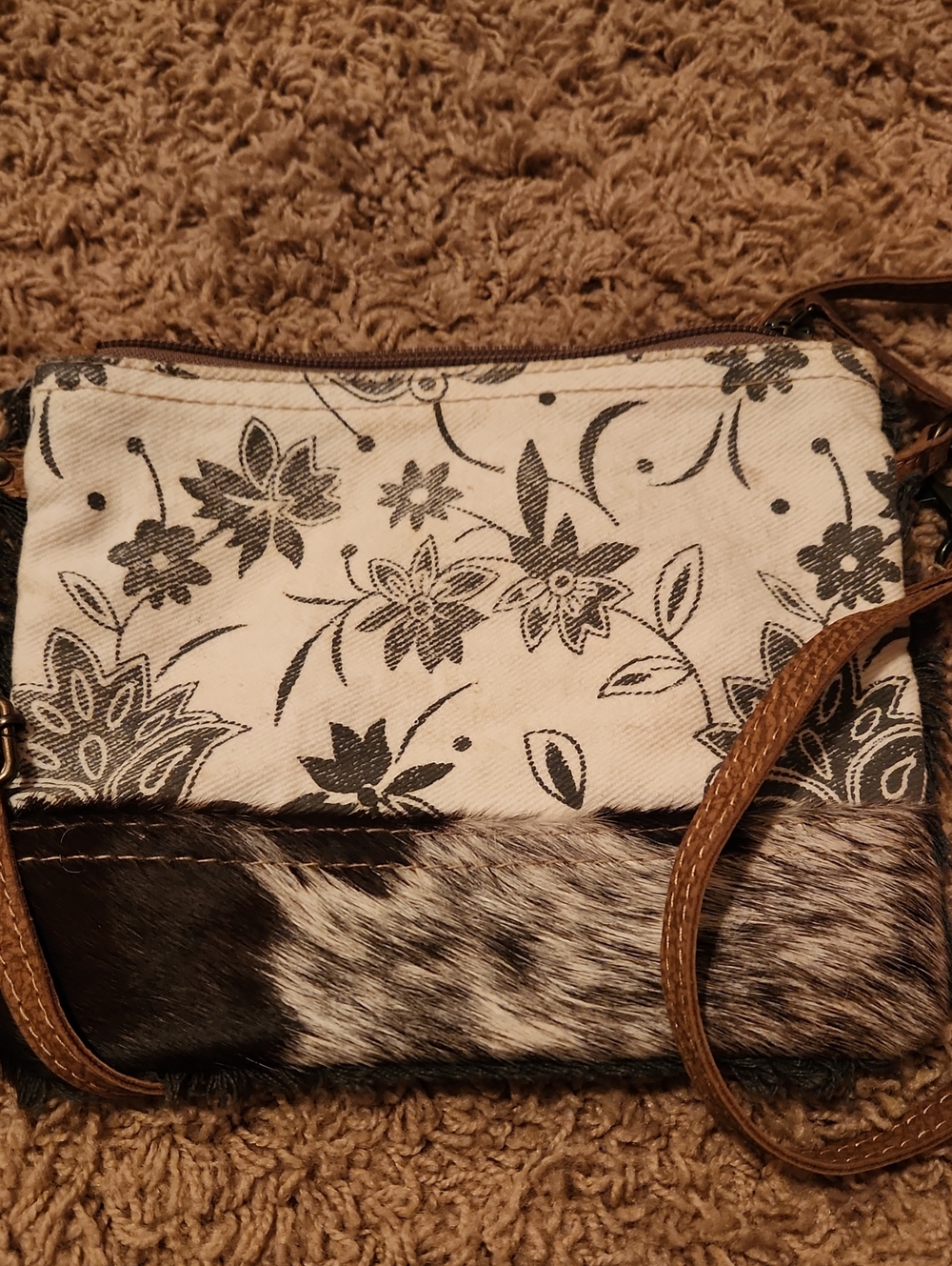 Myra Canvas Floral Crossbody Bag with Fur Accent - Cream and Brown
